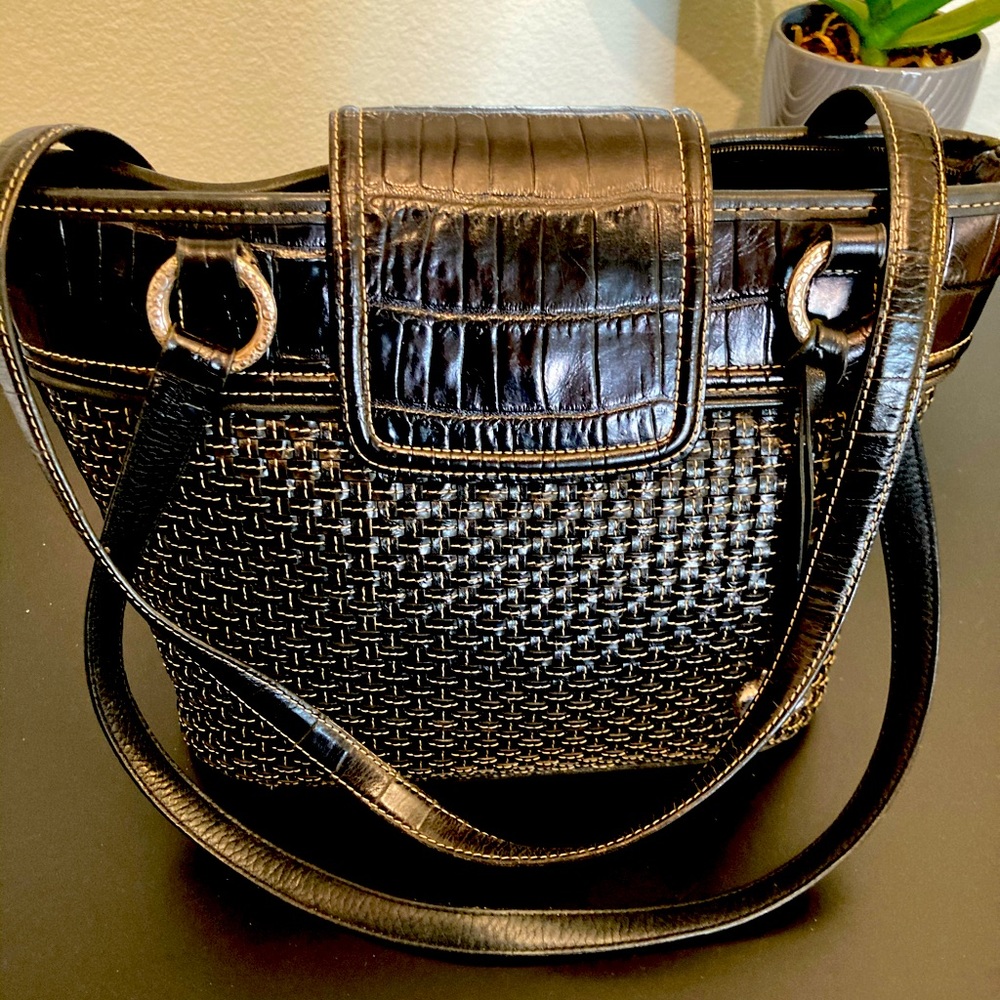 Brighton Black Woven Leather Shoulder Bag w/Flap